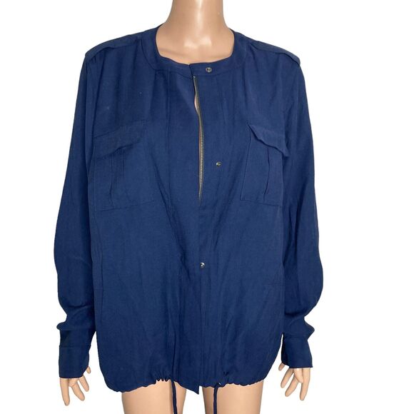 J Jill Jacket Womens Large Blue Zip Front Pockets Linen Blend Drawstrings - Picture 3 of 9